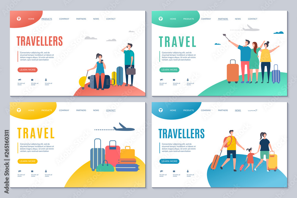 Travellers and travel landing page vector templates with adults and kids with suitcases. Illustration of traveller vacation, family in airport with baggage
