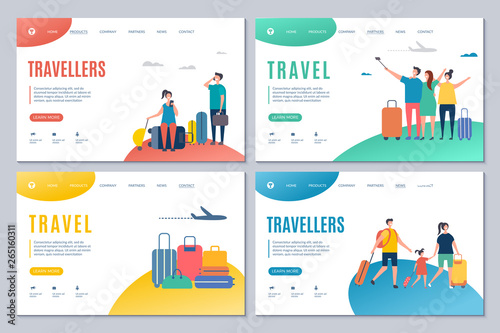 Travellers and travel landing page vector templates with adults and kids with suitcases. Illustration of traveller vacation, family in airport with baggage