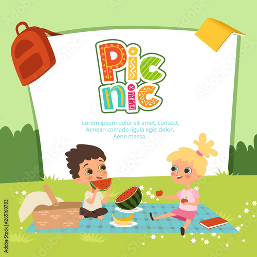 Picnic vector banner. Kids sitting in the garden and eat some fruits. Illustration of children on picnic, smiling child eating watermelon together