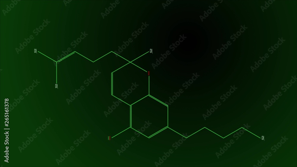 Structural formula of the cannabichromene molecule. Black and green flashing gradient background Structural formula of the cannabichromene molecule. Black and green flashing gradient background