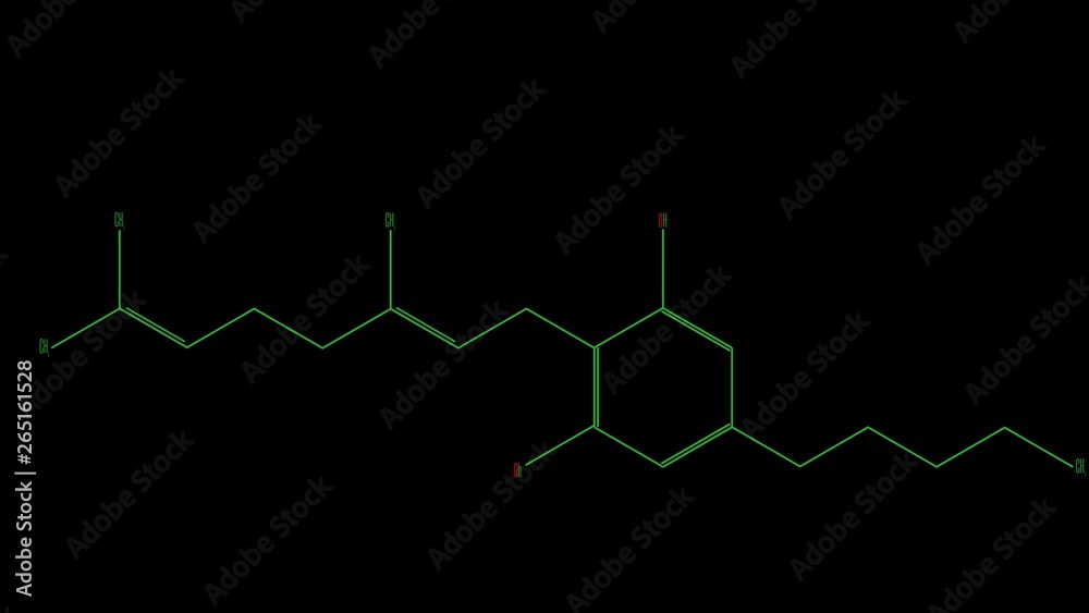 Structural formula of the cannabigerol molecule. Black background Structural formula of the cannabigerol molecule. Black background