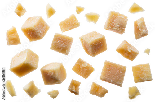 Parmesan cheese cubes and parmesan crumbs on white background. Clipping path.
