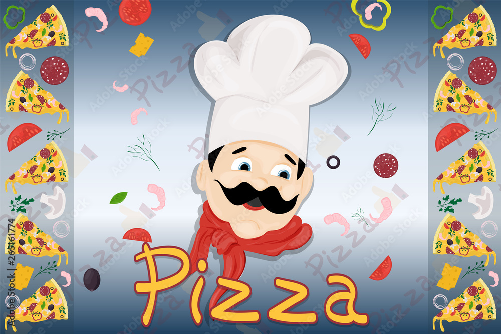 cover background_24_illustration, on the theme of Italian pizza cuisine, for decoration and design sticker of ingredients