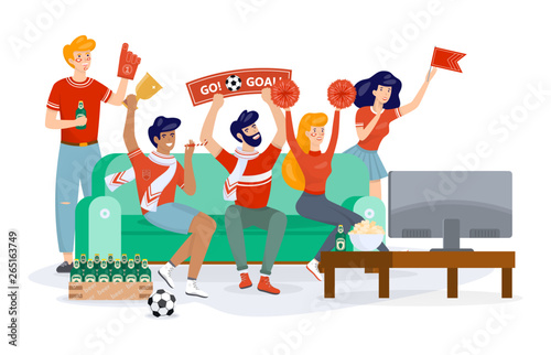 Football fan in sport clothes watching soccer on the TV