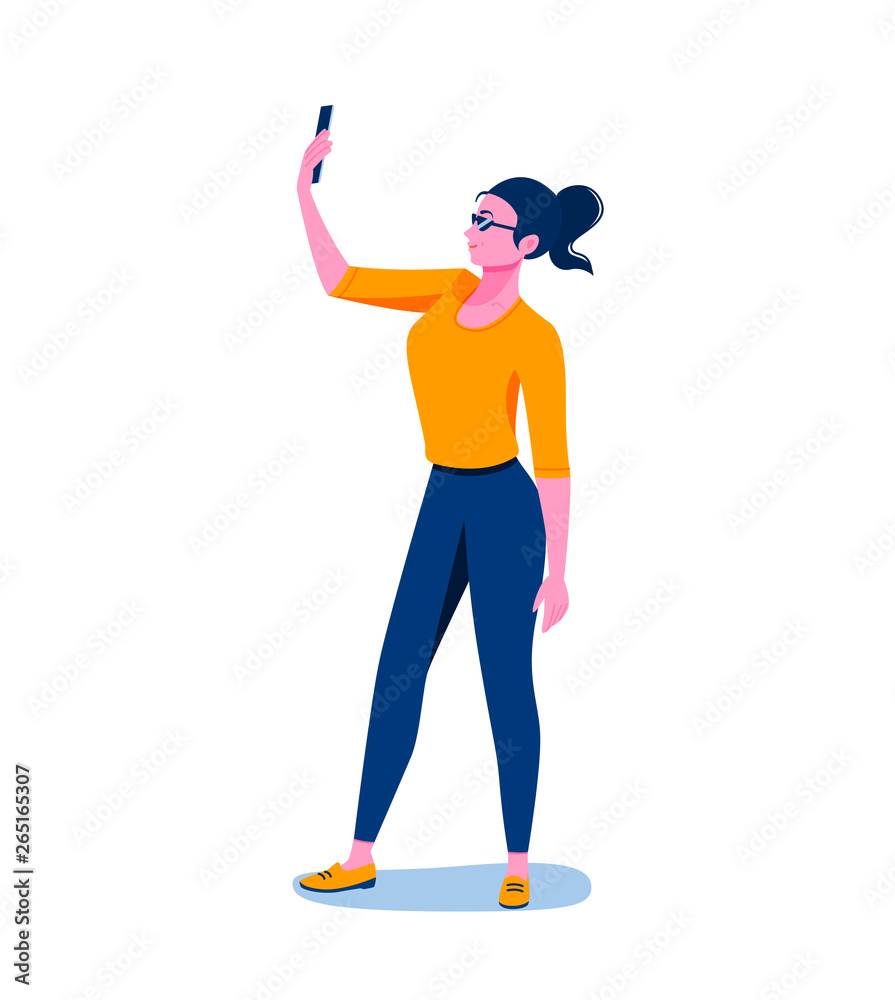 Social media, networks. Woman is taking selfie. Using smartphone. Flat concept vector illustration for web, landing page, banner. Isolated on white. Social media, networks. Woman is taking selfie. Using smartphone. Flat concept vector illustration for web, landing page, banner. Isolated on white.