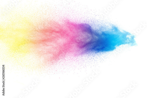 Abstract multicolored powder explosion on white background.Colorful dust explode. Painted Holi powder festival.