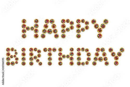 colorful cookies glaze, text word happy birthday, white background isolated