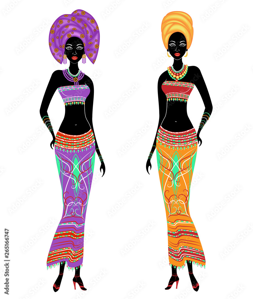 A collection of beautiful African American ladies. Girls have bright clothes, a turban on their heads. Women are young and slim. Vector illustration set