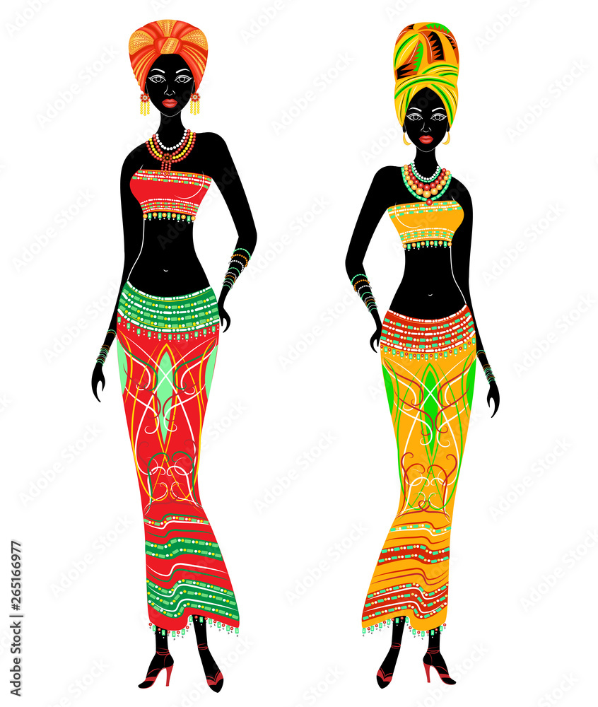 A collection of beautiful African American ladies. Girls have bright clothes, a turban on their heads. Women are young and slim. Vector illustration set