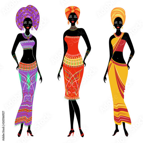 A collection of beautiful African American ladies. Girls have bright clothes, a turban on their heads. Women are young and slim. Vector illustration set