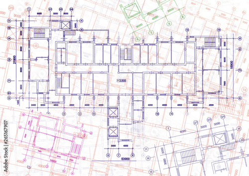 Architectural background with technical drawings. Blueprints plan texture. Drawing part of architectural project.