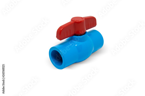 Blue PVC pipe fitting turn red valve isolated.