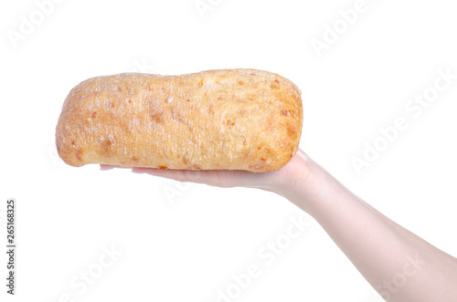 Ciabatta with cheese in hand on a white background isolation