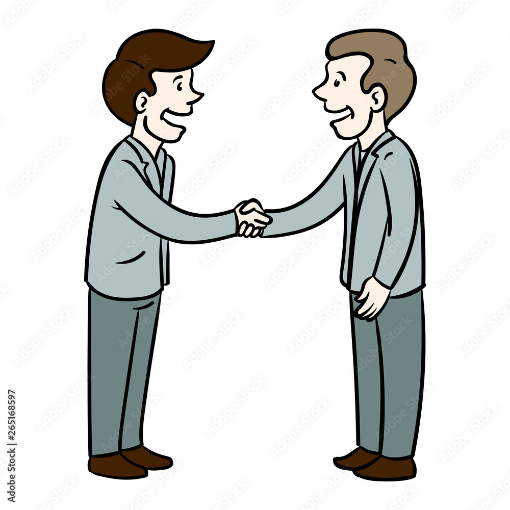 Vector comic drawing of two businessmen in gray suits laughing and shaking hands Vector comic drawing of two businessmen in gray suits laughing and shaking hands