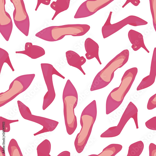 Vector Seamless of Fashion Accessories Pattern. Background of Pink Women's High Heel Shoes. Vector Pattern of Court Shoes isolated on White background