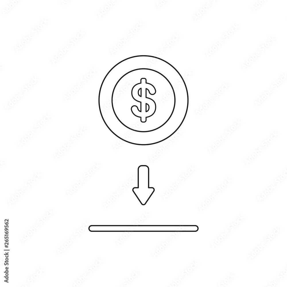 Vector icon concept of putting and saving dollar coin into moneybox hole. Black outline. Vector icon concept of putting and saving dollar coin into moneybox hole. Black outline.
