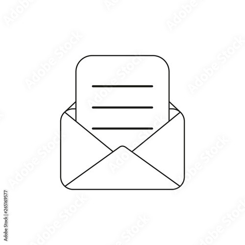 Vector icon of opened mail envelope with written paper. Black outline.