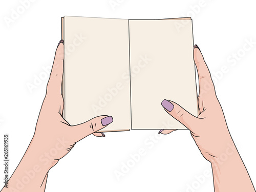 Female hands hold an open notebook. Blank for notes, diary. Drawing, the object is isolated on a white background. Vector