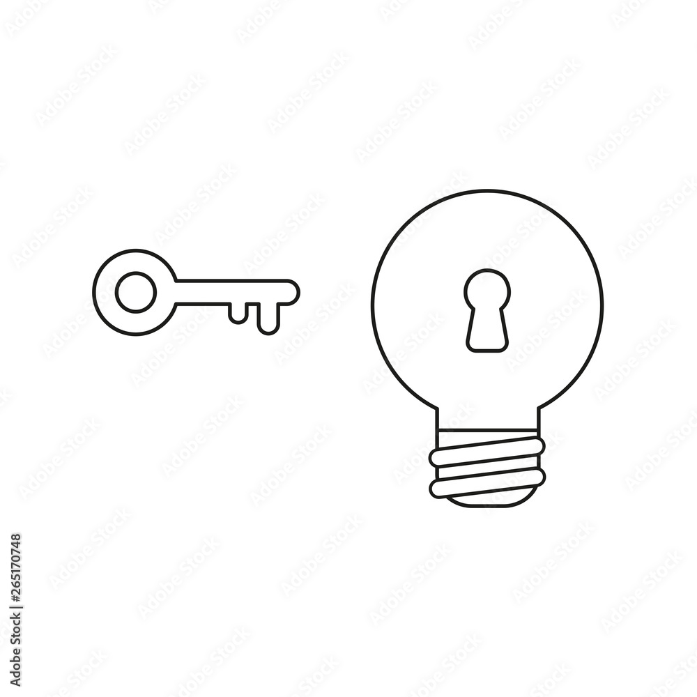 Vector icon concept of light bulb with keyhole and key. Black outline. Vector icon concept of light bulb with keyhole and key. Black outline.