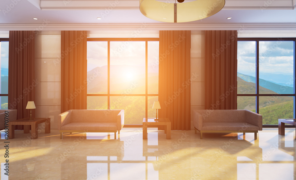 Reception interior with large leather sofas. Lobby. Business background.. Sunset. 3D rendering