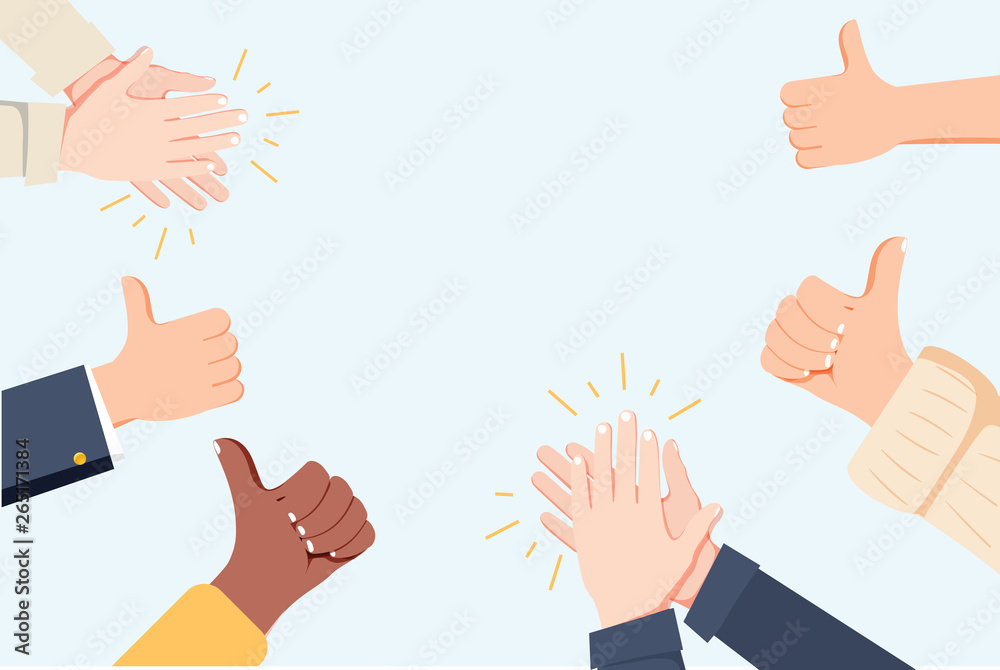 Human hands clapping. Applaud hands. Vector illustration in flat style. Many Hands clapping ovation and thumps up - obrazy, fototapety, plakaty 
