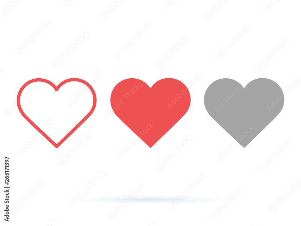 Heart vector collection. Love symbol icon set. Like buttons active and done. UI Ux design elements for website design.