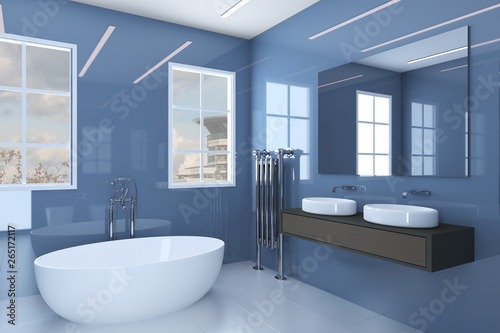 Bathroom with large mirror  steel radiator and wide sinks.. 3D rendering