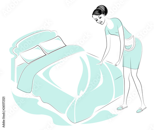 Profile of a lovely lady. The girl makes a bed in the room. A woman is a good wife and a neat housewife, a maid. Vector illustration