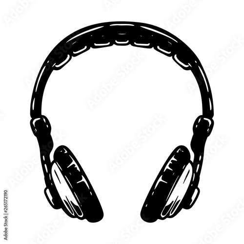 Hand drawn illustration of headphones isolated on white background. Design element for poster, t shirt, card, emblem, sign, badge.