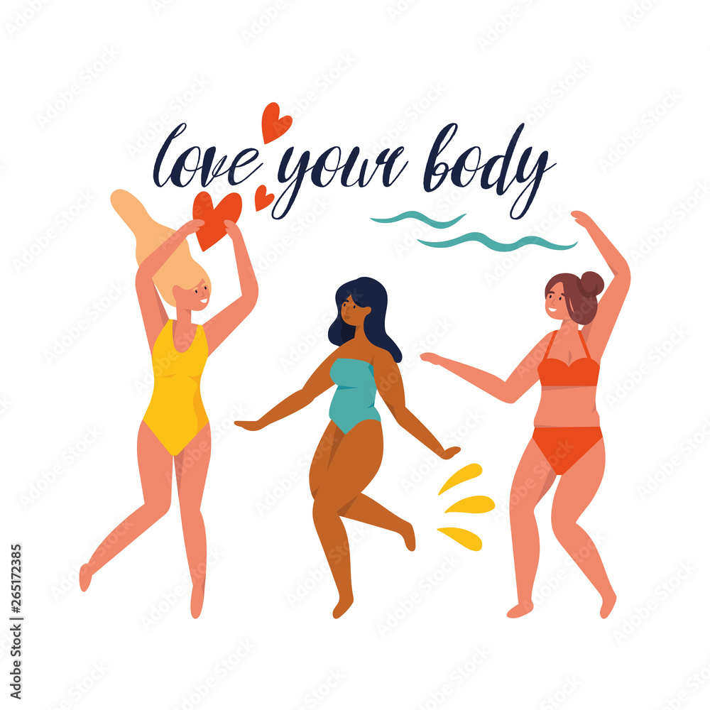 Fototapeta premium Vector illustration happy plus size girls wearing swimsuit in motion. Body positive.