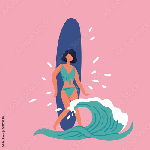 Vector illustration of girl surfer standing with a surfboard and waves cover. Summer.