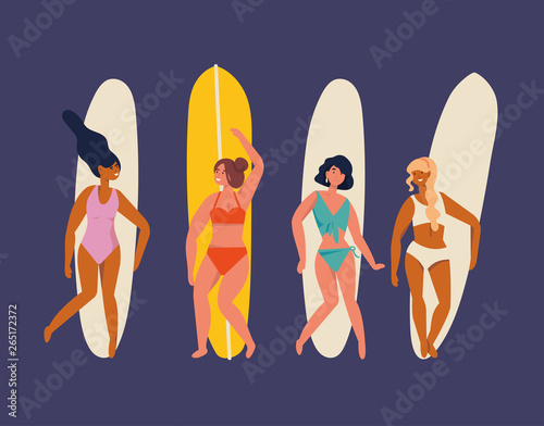 Vector illustration girls surfer standing with a surfboards. Summer vibes.
