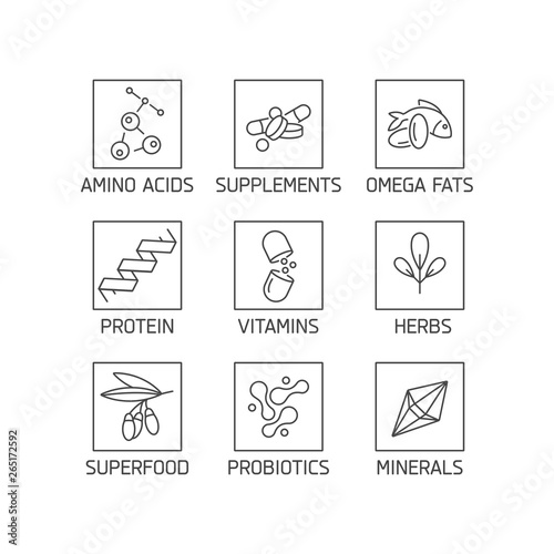 Vector set of logos, badges and icons for natural and health products. Collection symbol of healthy eating and dieting, vitamins, supplements.