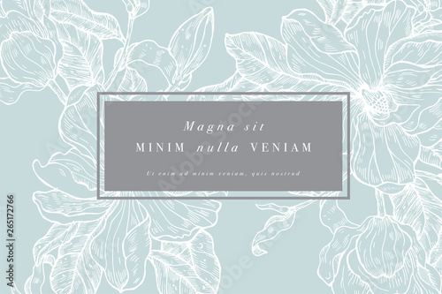 Vintage card with magnolia flowers. Floral wreath. Flower frame for flowershop with label designs. Summer floral magnolia greeting card. Flowers background for cosmetics packaging.