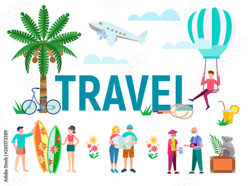 Tourists travel to tropical countries, study the map, surf on the coast.