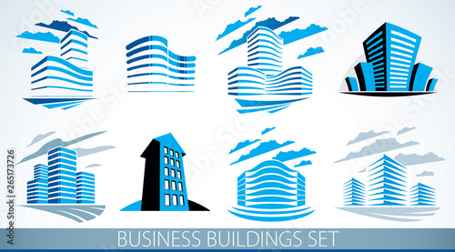 Business buildings set, modern architecture vector illustrations collection. Real estate realty office center designs. 3D futuristic facades in big city. Can be used as a logos or icons.