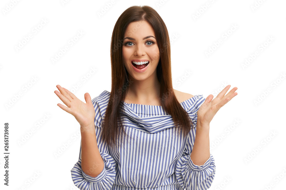 Caucasian brunette woman having fun and smiling isolated over white background Caucasian brunette woman having fun and smiling isolated over white background