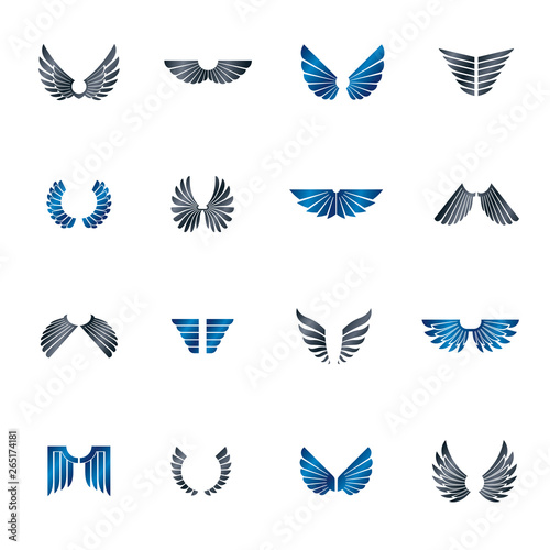 Freedom Wings emblems set. Heraldic Coat of Arms decorative logos isolated vector illustrations collection.