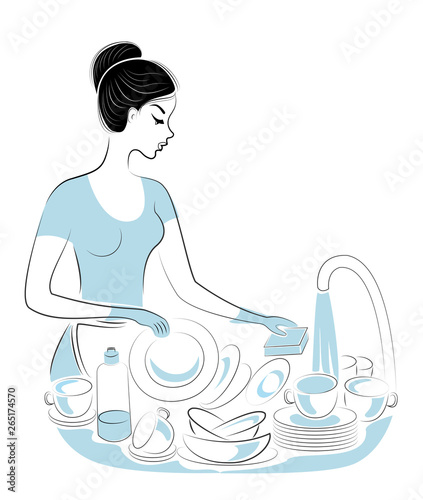 Profile of a sweet lady. A girl washes dishes, plates and cups under the tap. A woman is a good wife and a neat housewife. Vector illustration
