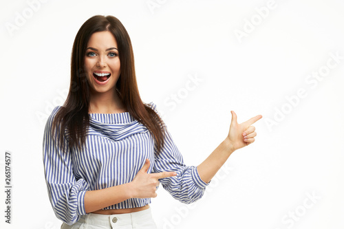 Caucasian brunette woman having fun and smiling isolated over white background