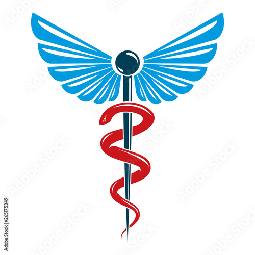Aesculapius vector abstract emblem composed using wings and snakes best for used in pharmacy advertisement.