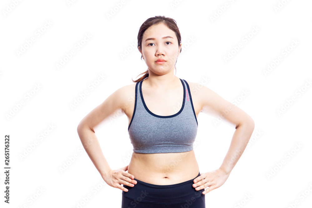 Asian fat woman in sport wear portrait with isolated white background. Fat woman's portrait in sport concept. Asian fat woman in sport wear portrait with isolated white background. Fat woman's portrait in sport concept.