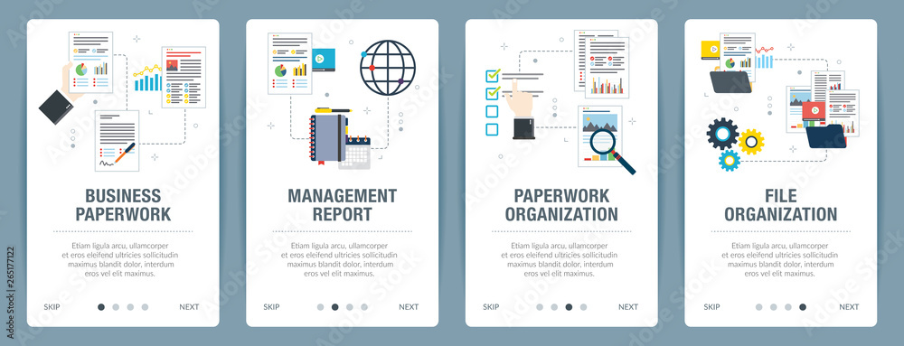 Vector set of vertical web banners with business paperwork, management report, paperwork organization, file organization. Vector banner template for website and mobile app development with icon set.