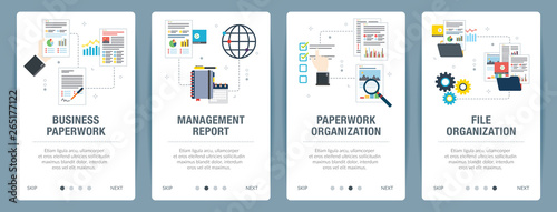 Vector set of vertical web banners with business paperwork, management report, paperwork organization, file organization. Vector banner template for website and mobile app development with icon set.
