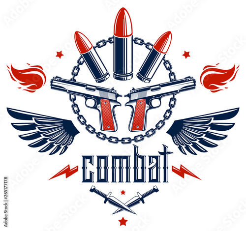 Revolution and War vector emblem with bullets and guns, logo or tattoo with lots of different design elements, riot partisan warrior, criminal and anarchist style, social tension theme.