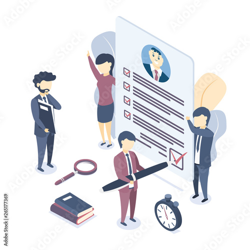 Isometric vector illustration.  Document with personal data, application for employment, professional resume. Isometric vector illustration. Business concept for employment, career choice, job seeker