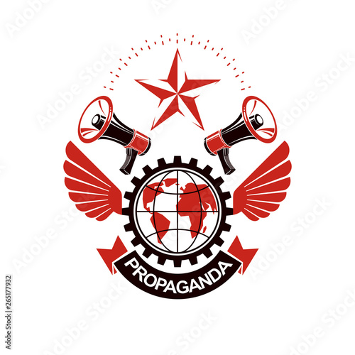 Advertising leaflet composed with loudspeakers and Earth globe surrounded by engineering cog wheel. Proletarian revolution abstract vector illustration. Power of global information.