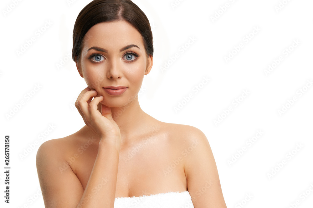 Beautiful woman face close up studio on white Beautiful woman face close up studio on white