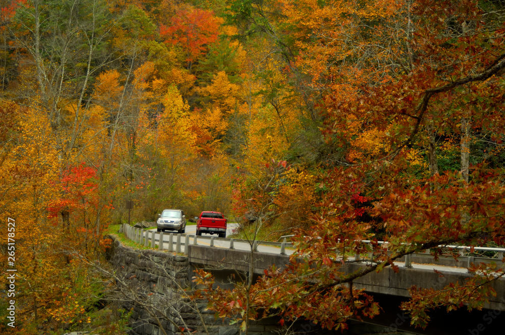 Tourists driving in Great Smoky Mountains in Late October Tourists driving in Great Smoky Mountains in Late October