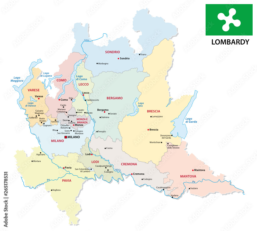 lombardy administrative and political map with flag